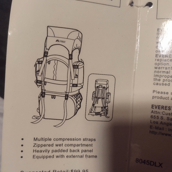 Brand New, Everest (8045DLX )600 Denier Polyester Hiking Backpack 28 inches NEW! - Picture 3 of 4